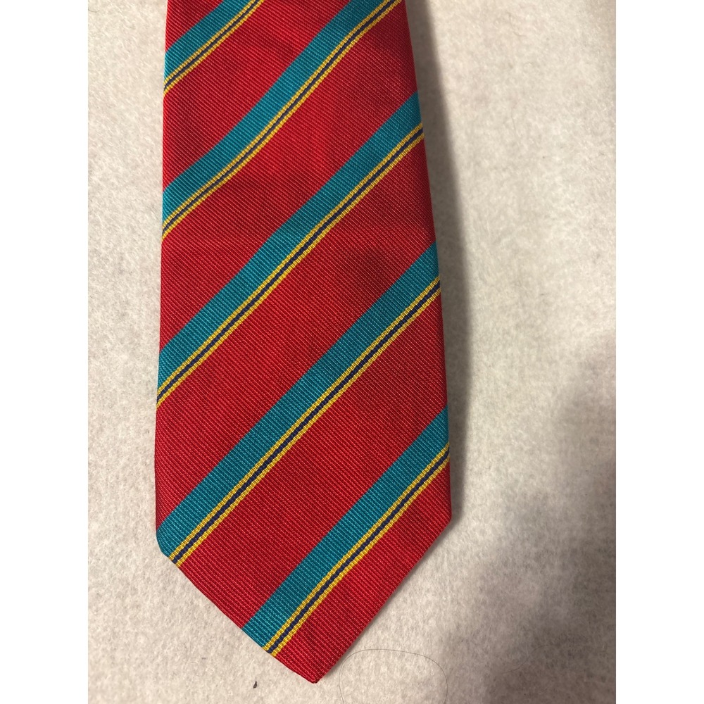 John Comfort Silk Necktie Mens Red Teal Yellow Striped Made in England Excellent